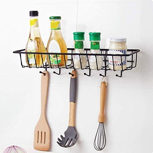 Dayish GI Metal Wall Mount Kitchen Spice Rack, Bathroom Shelf, Wardrobe Hanging Storage Shelf Holder and Bottle Storage Organizer Rack with 6 Hooks for Kitchen and Bathroom
