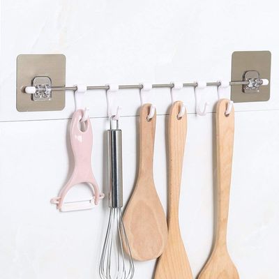STOIQE Plastic Magic Sticker ABS Stainless Steel Series Self Adhesive Bathroom Towel Rail Utensil Rack Kitchen Hanger Hooks for Cup (White, 40 X 7 cm) -6 Hooks (Hook Hanger, 2 Pcs)