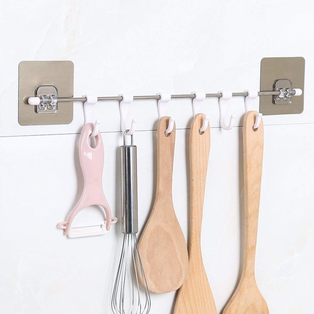 STOIQE Plastic Magic Sticker ABS Stainless Steel Series Self Adhesive Bathroom Towel Rail Utensil Rack Kitchen Hanger Hooks for Cup (White, 40 X 7 cm) -6 Hooks (Hook Hanger, 2 Pcs)