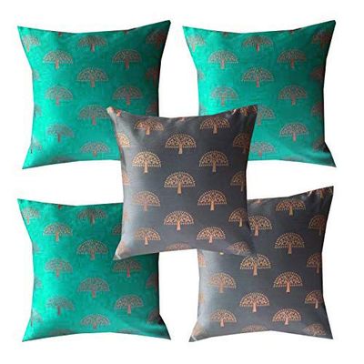 Pink parrot-Dopian Jacquard Silk Blue and Grey Square Cushion Cover 16x16 inch-Set 5 pcs