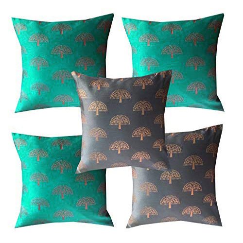 Pink parrot-Dopian Jacquard Silk Blue and Grey Square Cushion Cover 16x16 inch-Set 5 pcs