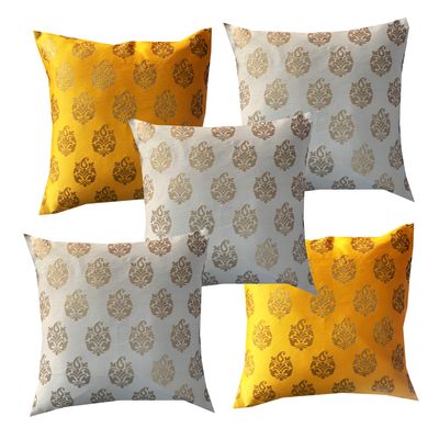 Pink parrot- Jacquard Silk Off White and Yellow Square Cushion Cover 16x16 inch-Set 5 pcs