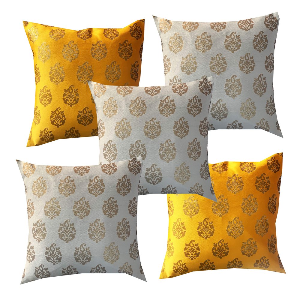 Pink parrot- Jacquard Silk Off White and Yellow Square Cushion Cover 16x16 inch-Set 5 pcs