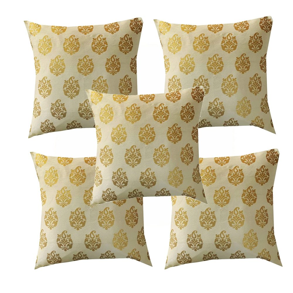 Pink parrot- Jacquard dopian Light Beige with Gold Motiv Cushion Cover 16x16 inch-Set 5 pcs