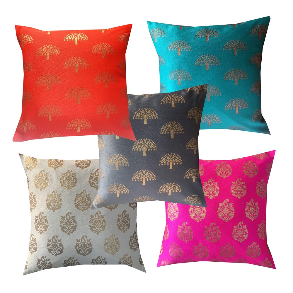 Pink parrot- Jacquard Silk Multi Colour Square Cushion Cover 16x16 inch-Set 5 pcs