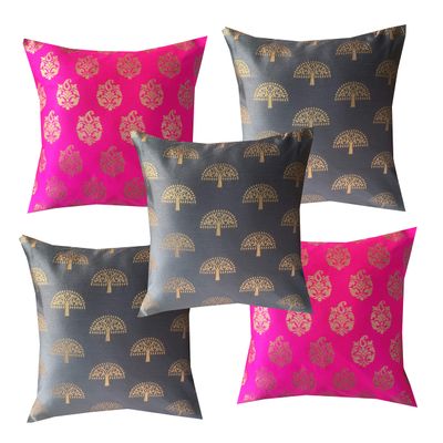 Pink parrot- Jacquard Silk Grey and Pink Square Cushion Cover 16x16 inch-Set 5 pcs