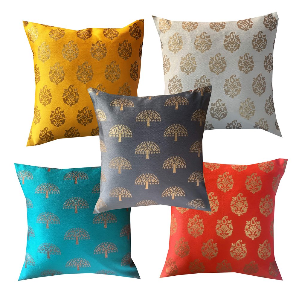 Pink parrot- Jacquard Silk Multi Colour Square Cushion Cover 16x16 inch-Set 5 pcs