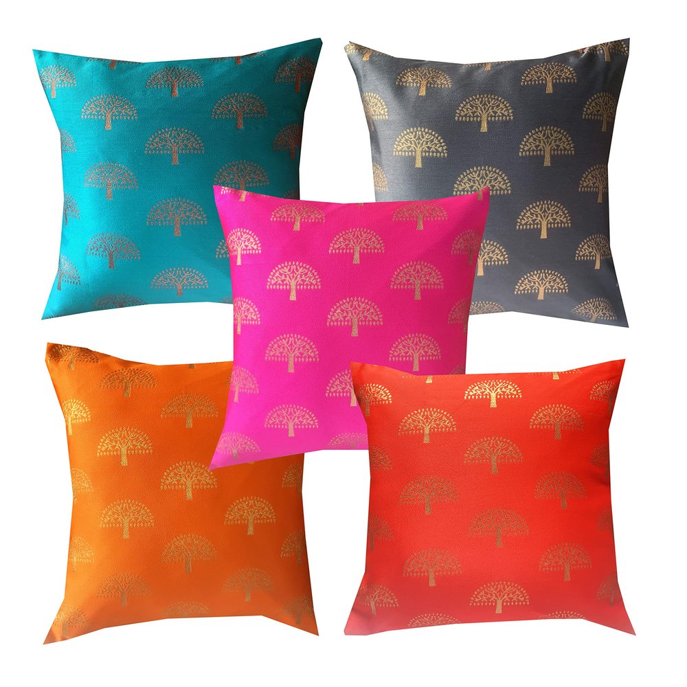 Pink parrot- Jacquard Silk Multi Colour Square Cushion Cover 16x16 inch-Set 5 pcs