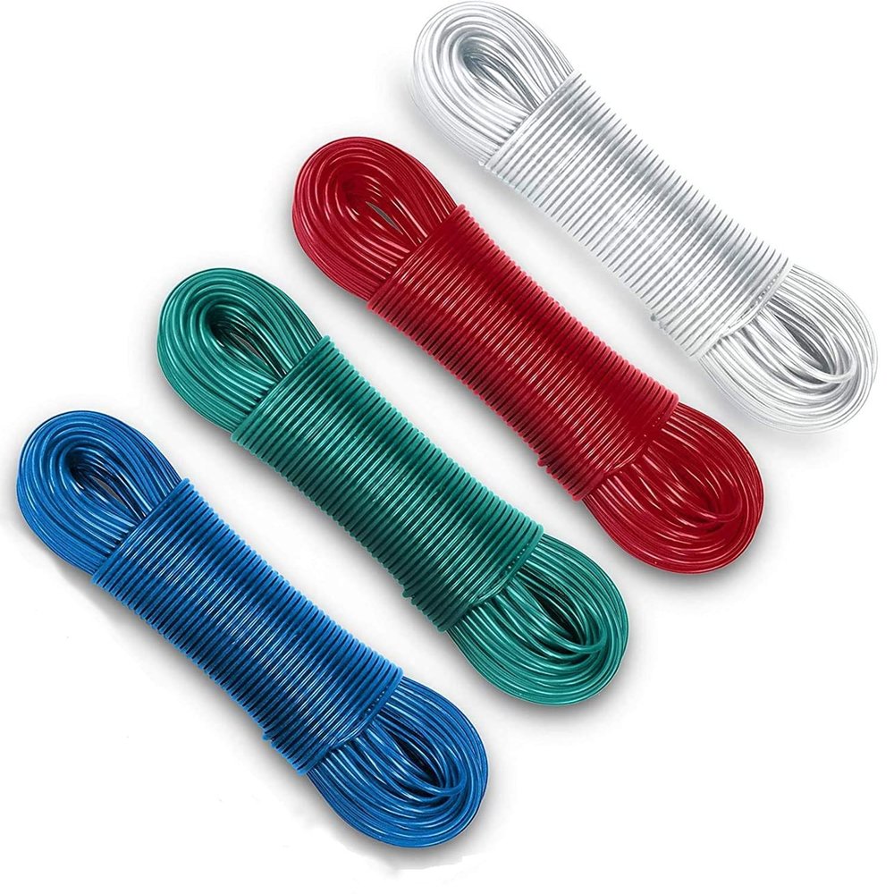 Aloud Creations PVC Coated Steel Wire Rope for Drying Clothes/Clothesline, Length 20 Meter with 2 Plastic Hooks (Multi Colour)  Pack of 4