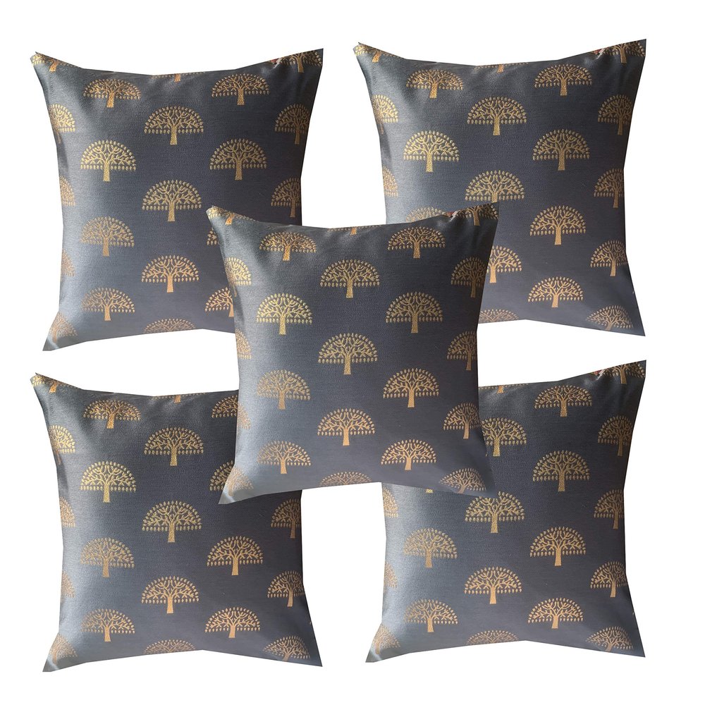 Pink parrot- Jacquard Silk Grey with Gold Motiv Square Cushion Cover 16x16 inch-Set 5 pcs