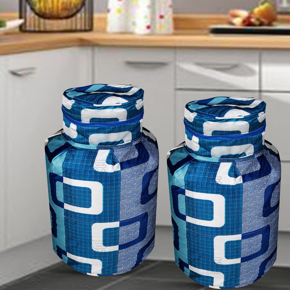 E-Retailer Polyester 3-Layered LPG Gas Cylinder Covers with Zip Enclosure Pack of 2- (Color -Geometric Blue, Size-26x14 Inches)