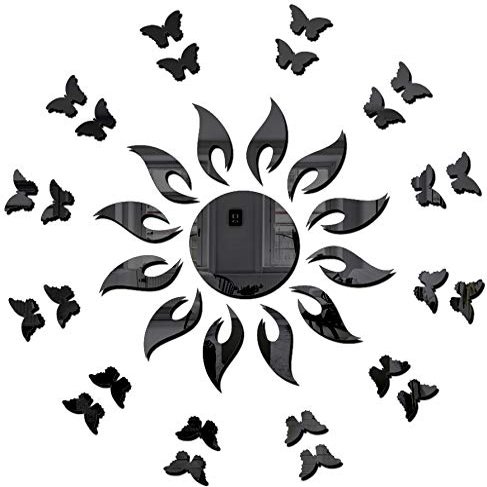 Bikri Kendra - Sun Flame with 20BUTTERFLY Black - 3D Acrylic Decorative Mirror Murals Wall Stickers