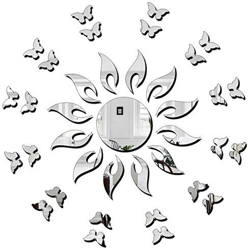 Bikri Kendra - Sun Flame with 20BUTTERFLY Silver - 3D Acrylic Decorative Mirror Murals Wall Stickers