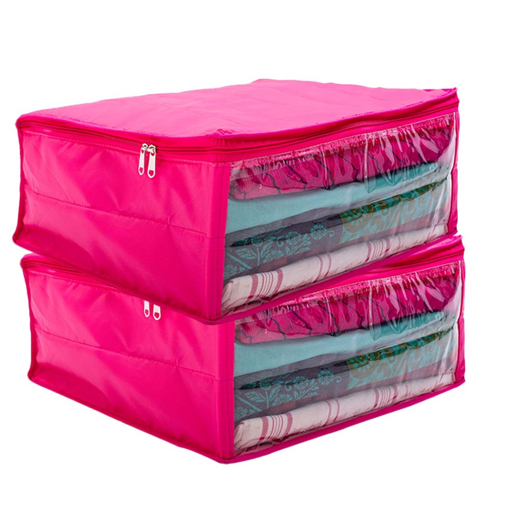Ankit Traders 3 Layered Parachute Material Quilted Saree Cover Wardrobe Organizer Water Resistant - Pink- Set of 2 Size - 41 * 33 * 19 CM