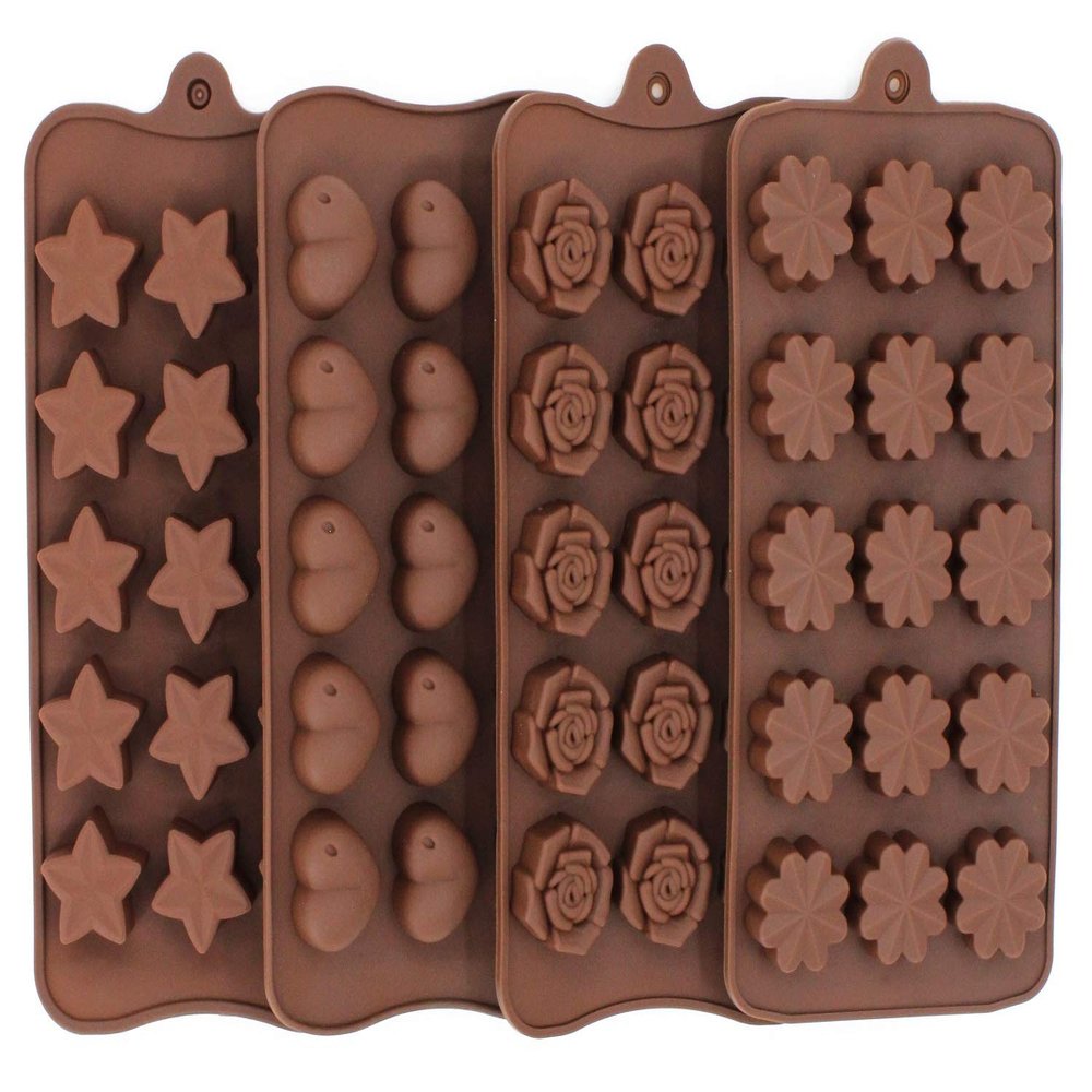 AB SALES Silicone Chocolate Molds Heart Flower Rose Star Shapes Cookies Mould Cake Decorating Bar Ice Cube Candy Baking Tray Mold Food Grade Non-Stick Moulds, Pack of 4