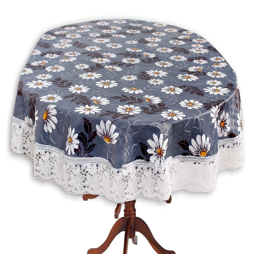 CASA-NEST Waterproof 6 Seater Round Table Cover with Leather Touch and White Lace (72 inch Diameter) printed007