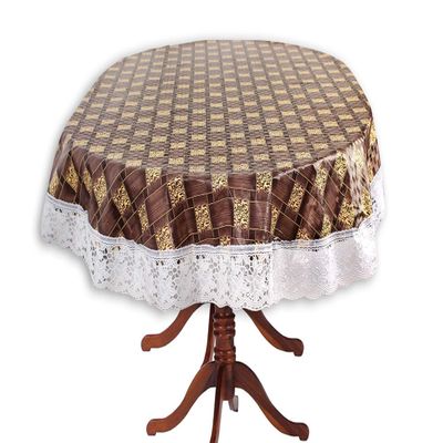CASA-NEST Waterproof 6 Seater Round Table Cover with Leather Touch and White Lace (72 inch Diameter) printed007