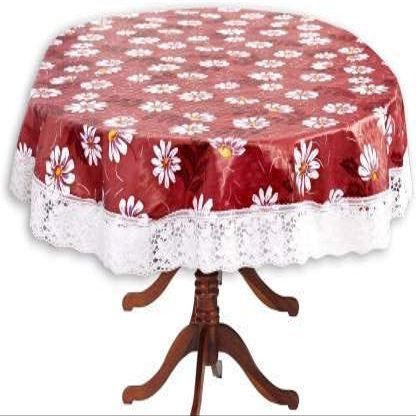 CASA-NEST Waterproof 6 Seater Round Table Cover with Leather Touch and White Lace (72 inch Diameter) printed007