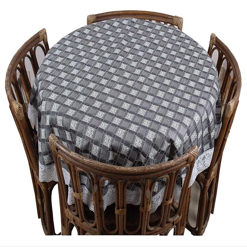 CASA-NEST Waterproof 6 Seater Round Table Cover with Leather Touch and White Lace (72 inch Diameter) printed007