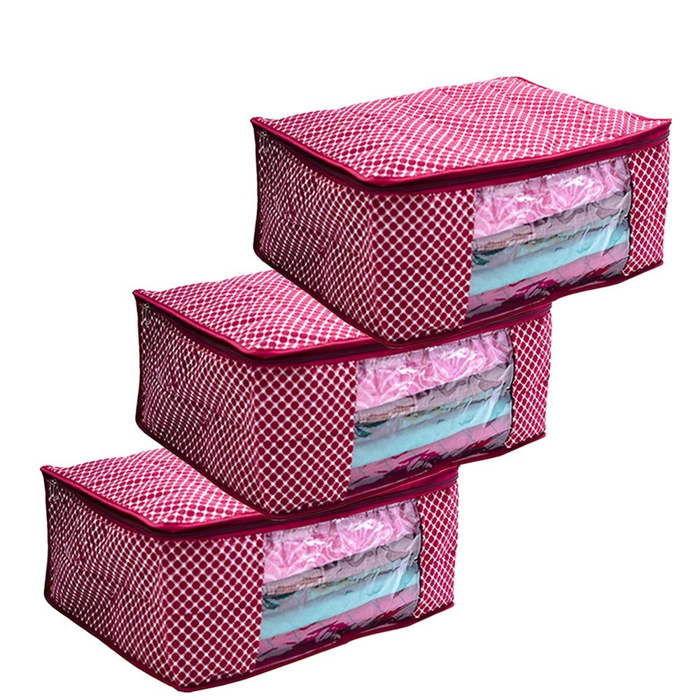 AT Traders Cotton Quilted Large Saree Cover Bag Wardrobe Organizer with Transparent Window - Maroon - Pack of 3 Size - 41 * 33 * 19 CM