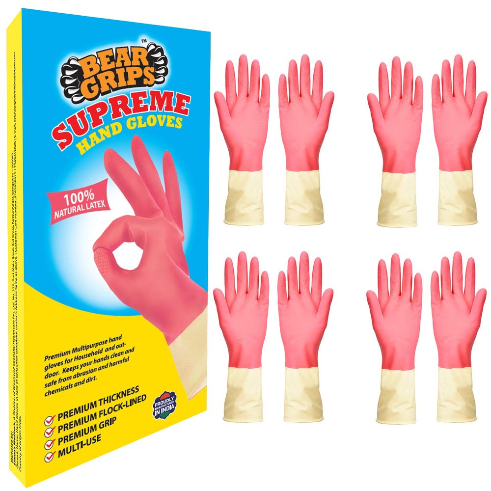 BEAR GRIPS Supreme Reusable Latex Rubber Dish Washing and Cleaning Gloves. Gardening, Kitchen, Car and Bathroom cleaning heavy-duty hand gloves (Large, Pink & White, 4 Pairs)