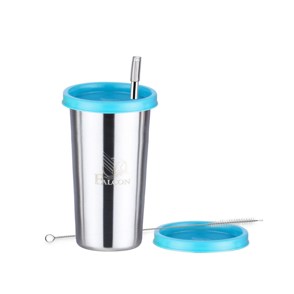 PDDFALCON Stainless Steel Straw Sipper Glass with Extra Lid & Cleaning Brush - 520ml (Firozi)