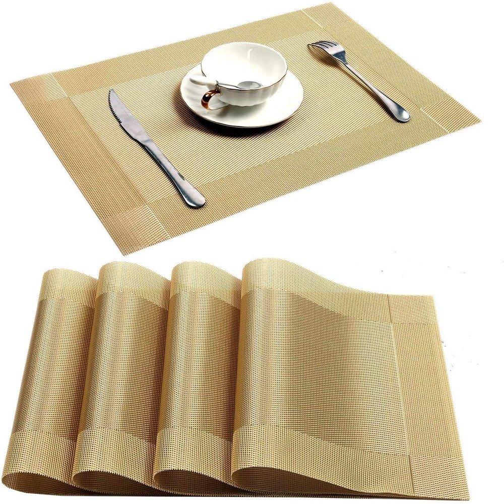 Horoly PVC Placemats Heat-Resistant Placemat for Dining Table Woven Vinyl Stain Resistant Table Mats Easy to Clean (Golden, Set of 4)