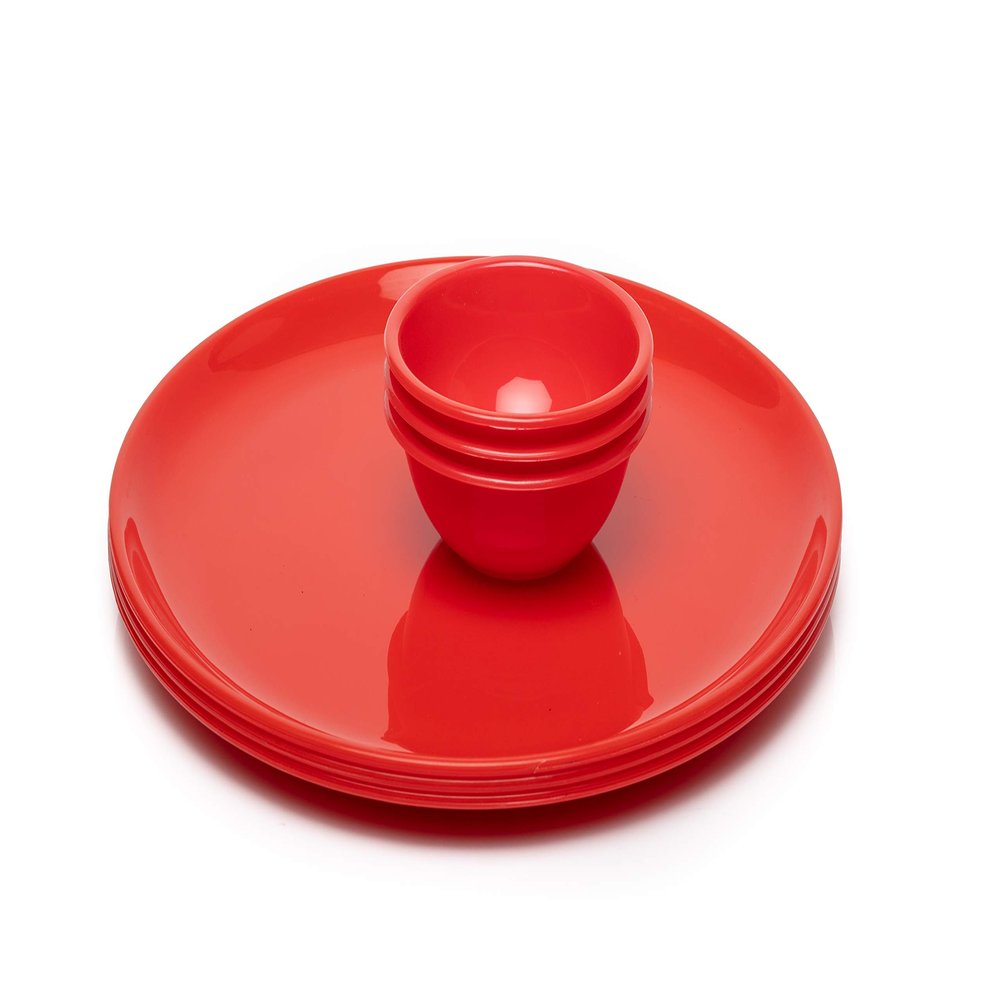 URMILA PLASTIC Microwave Safe Unbreakable Round Big Plates Set, 3 Pcs Plate & 3 Pcs Katori, Red Color, Made in India