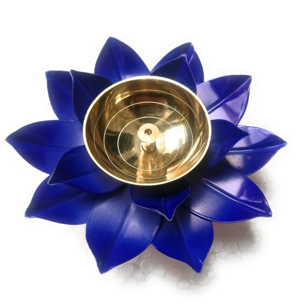 Vrindavan shopi Pure Brass Lotus Style Blue Coloured Akhand Diya/Unique Kamal Diya for Navratri NAD Diwali Pooja Pack of 1