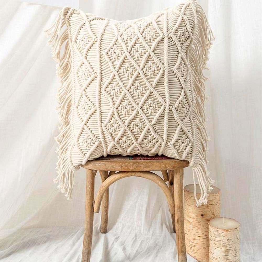 pepme Macrame Cushion Cover Cotton Throw Pillows Boho Handmade Knit Case Sofa Decor Fringes (Square, Off-White, 16X16 Inches), 200 TC