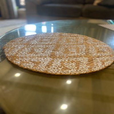 pepme Jute Foil Hand Braided Rustic Vintage Placemat for Dining Table, Bedside Table, Tea Coaster, Plate mat, Decoration mat (Round, 35x35 cm, Beige, Silver, Pack of 2)