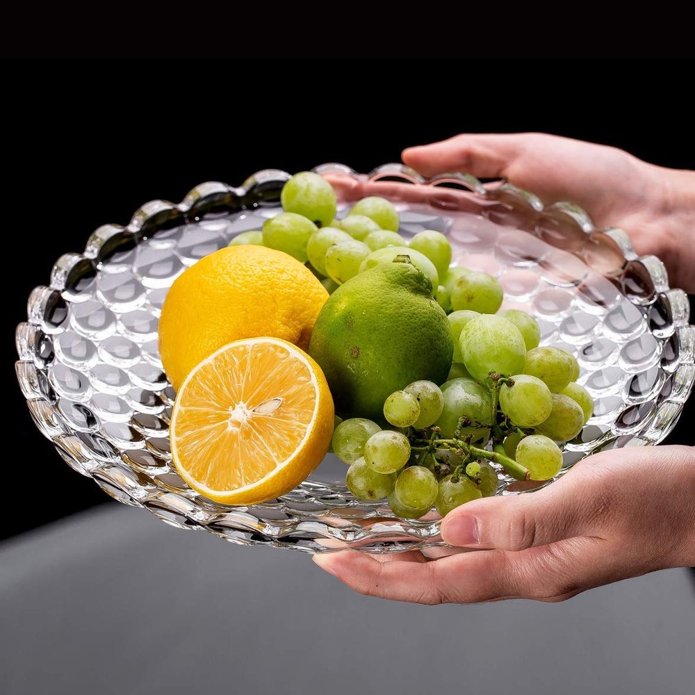 GTR Bubble Design Glass Flat Base Dinnerware & Servings Table Fruit Bowl, 22.5x7 cm, Transparent