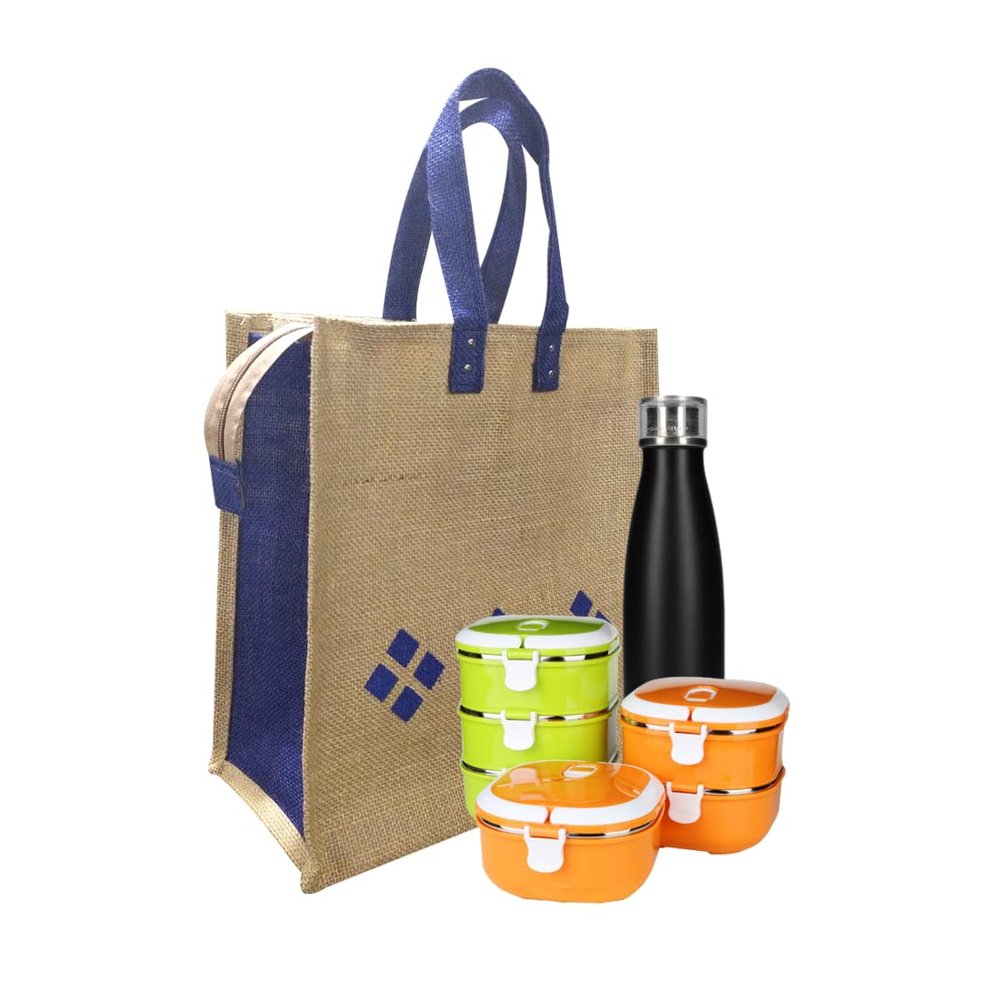 A&A Bags Blue Diamond Jute Lunch Bag - Prefect for Homes, Offices & Other Travelling Needs