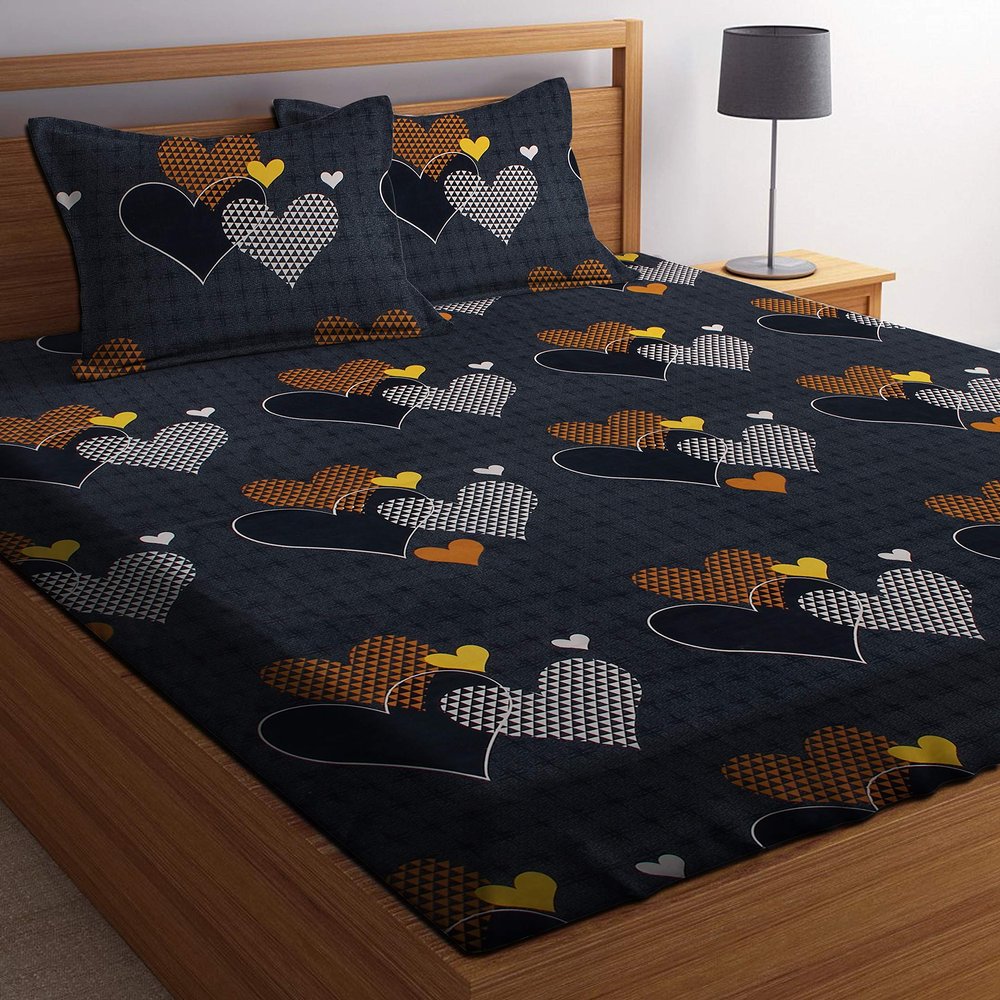 PATWAHOUSE 180 Tc Double Grey Heart Design Luxury Double Bedsheet With 2 Pillow Covers (Cotton)
