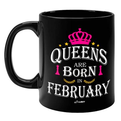 FirseBUY Queens are Born in February Black Ceramic Coffee Mug Gift for Women and Girls, 325ml