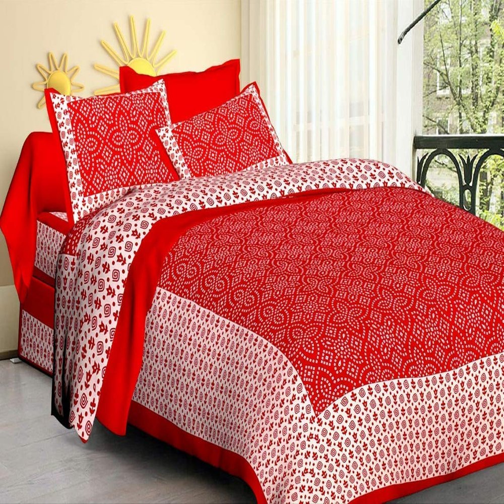 ART WORLD Queen Size Double Bed Sheet with Pillow Covers Pure Cotton Rajasthani Traditional Chunari Printed Bedcover (Red)