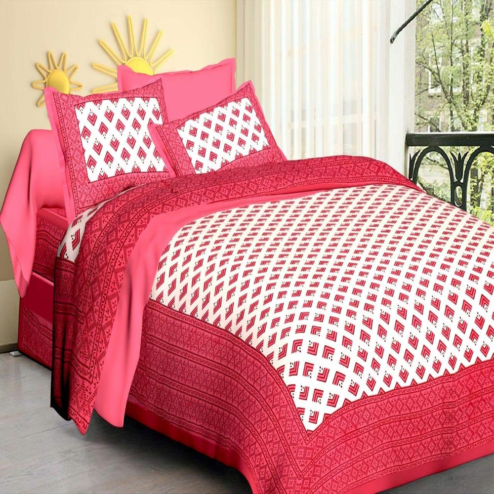 ART WORLD Queen Size Double Bed Sheet with Pillow Covers Pure Cotton Jaipuri Traditional Printed Bedcover (Pink)