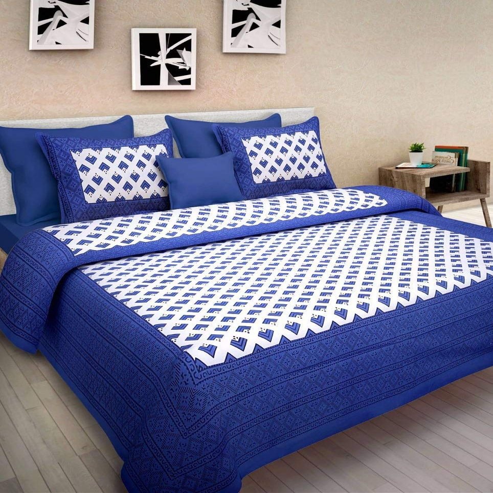 ART WORLD Queen Size Double Bed Sheet with Pillow Covers Pure Cotton Jaipuri Traditional Printed Bedcover (Blue)