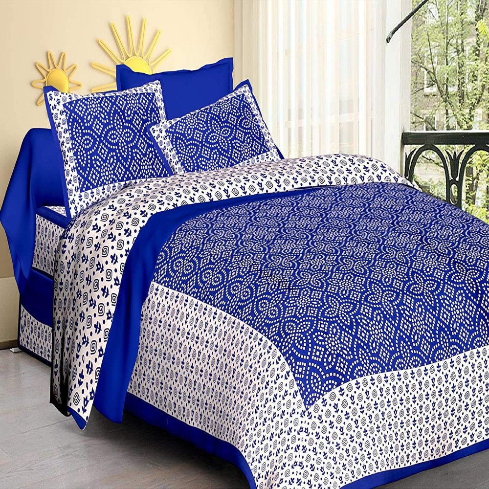 ART WORLD Queen Size Double Bed Sheet with Pillow Covers Pure Cotton Rajasthani Traditional Chunari Printed Bedcover (Blue)