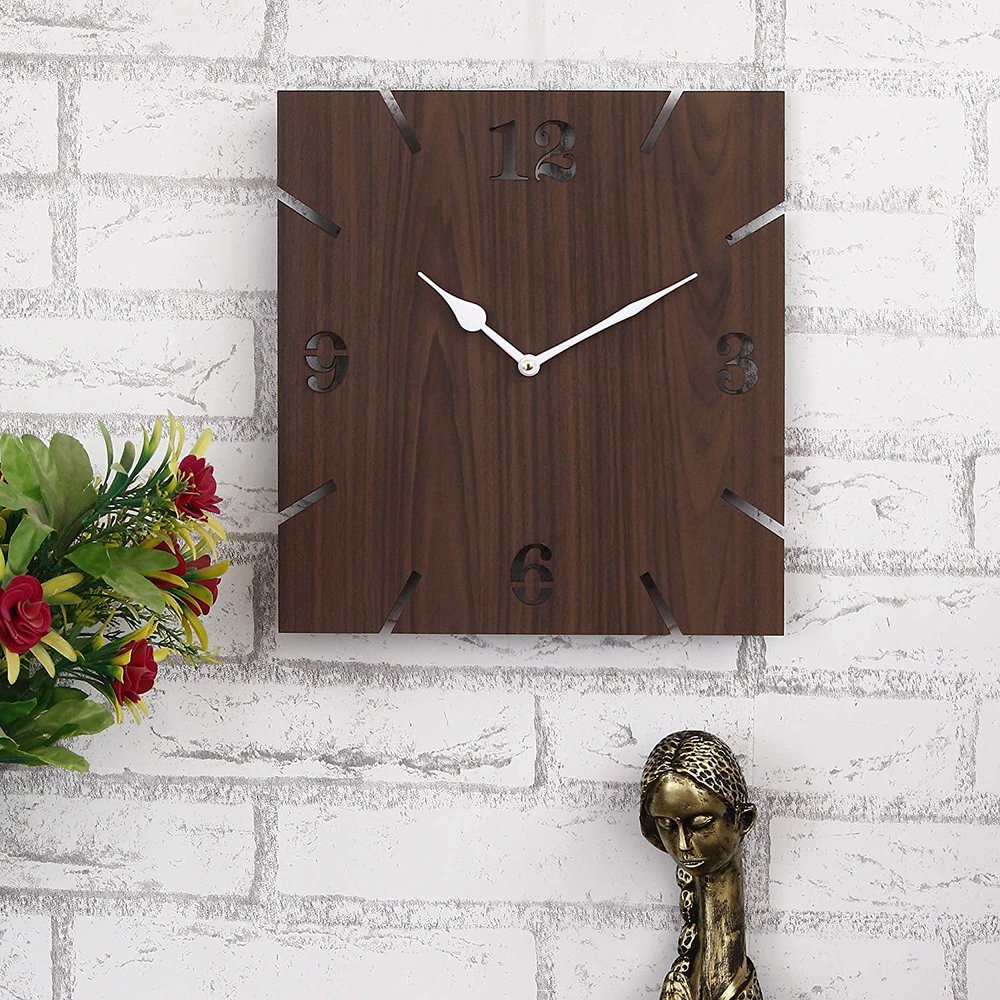 Webelkart New and Improved Stylish Beautiful Square Wood Wall Clock (30 cm x 30 cm x 2.8 cm, Brown)- Without Glass