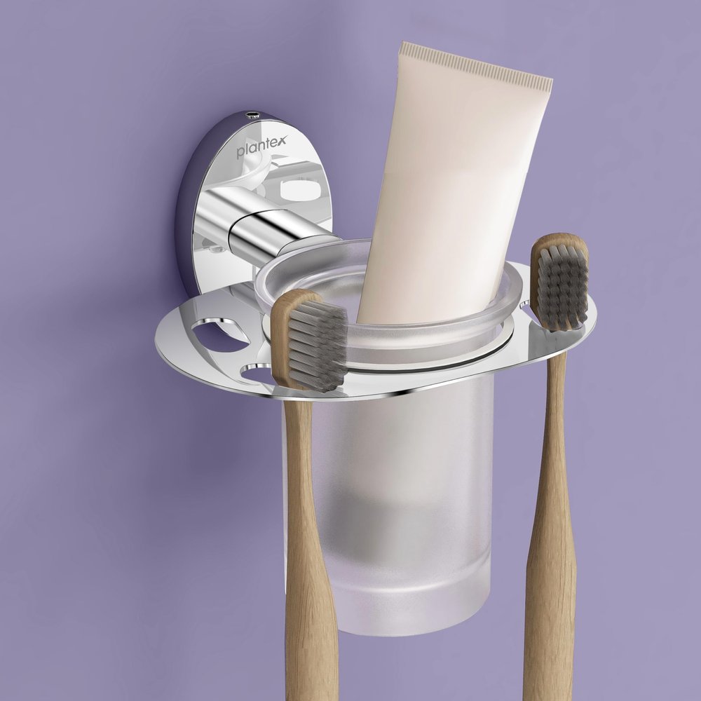 Plantex 304 Grade Stainless Steel Tumbler Holder Stand with Space for Toothbrush Holder/Bathroom Accessories - Olive (Chrome)