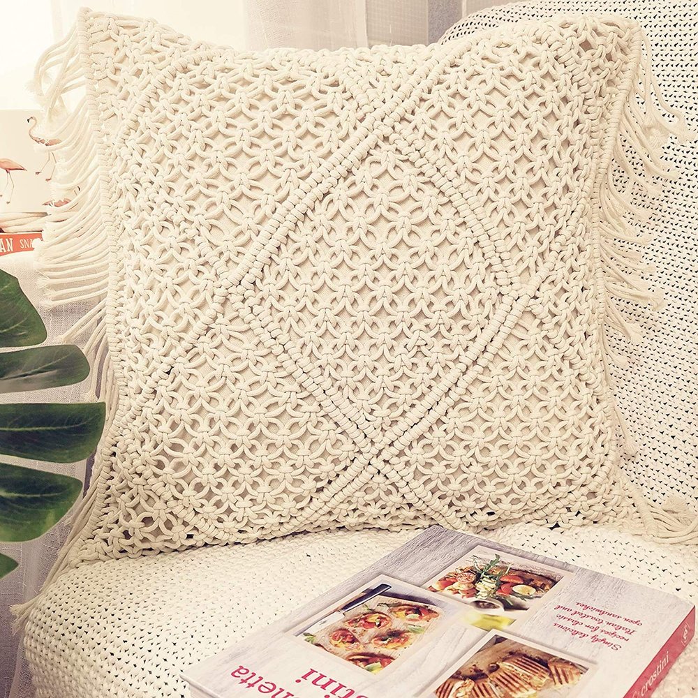 COTTONCUBE 17x17 inch Cushion Cover Macrame Throw Pillow Macrame Pillow Handmade Knit Pillowcases Floor Cushion Large Size Cushion Pillow Cover of Cotton Sofa Cushion Cover Barfee 1 pc