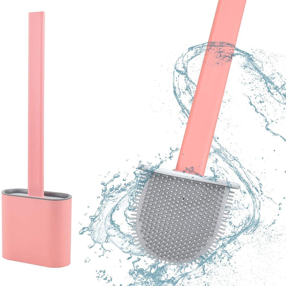 Heria Silicon Toilet Brush with Slim Holder Silicone Flex Toilet Brush Anti-drip Set Toilet Bowl Cleaner Brush, No-Slip Long Handle Soft Silicone Bristle Clean Toilet Corner Easily, Wall Mounting, Multi Color