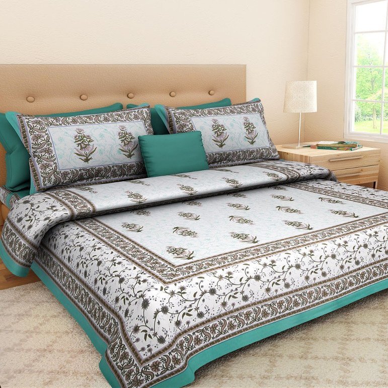 ART WORLD Queen Size Double Bed Sheet with Pillow Covers Pure Cotton Traditional Printed Bedcover (Sea Green, Queen)