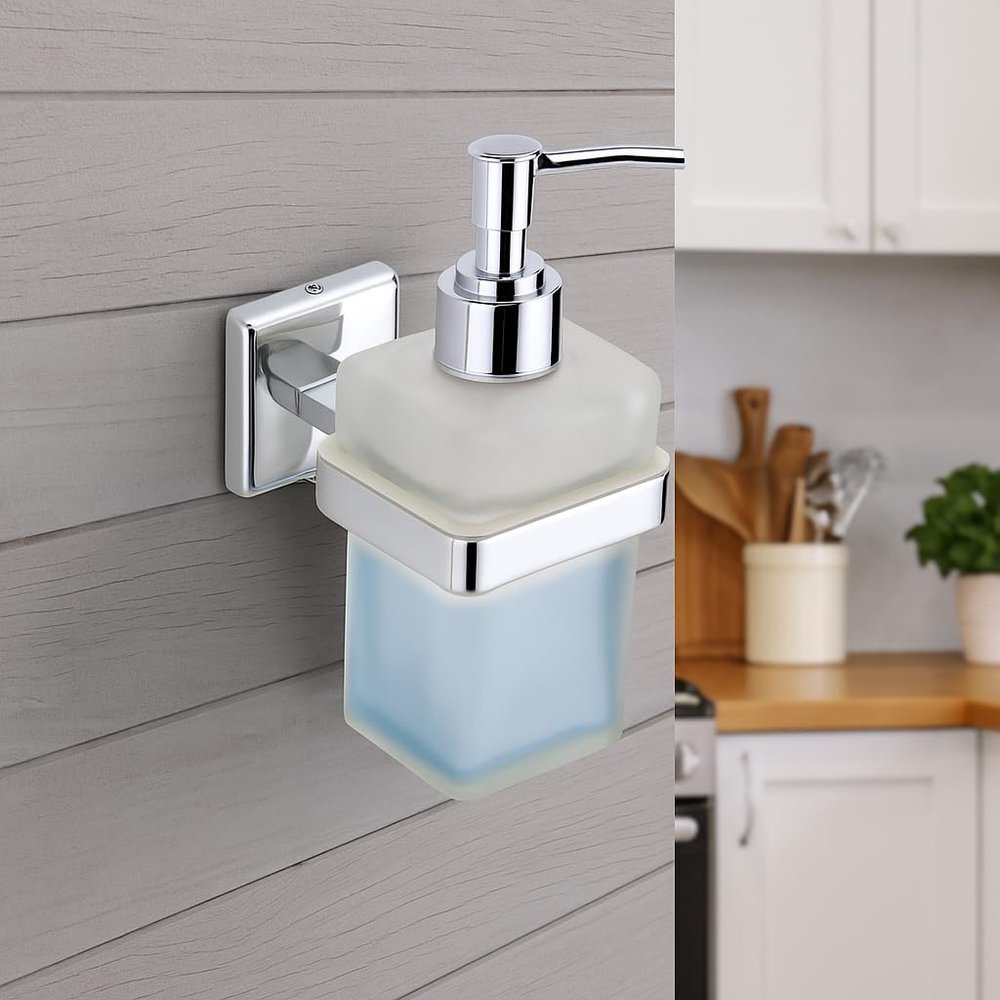 KANJAL Premium Wall Mounted Liquid Soap Dispenser - 304 Stainless Steel Rustproof Holder with Frosted Square Glass Bottle for Bathroom & Kitchen (Chrome Finish)