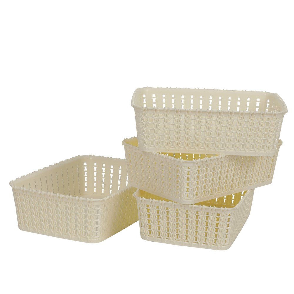 Cutting EDGE Basket Small Plastic Storage Organizer Durable with Handles for Kitchen, Wardrobe, Bathroom, Office  Multipurpose for Clothes, Toys, Stationery (Set of 4, White)