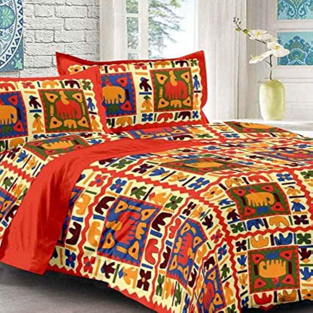 ART WORLD Queen Size Double Bed Sheet with Pillow Covers Pure Cotton Rajasthani Jaipuri Traditional Printed Bedcover (Orange, Queen)