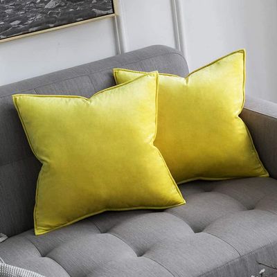 Khooti Decorative Velvet 200 TC Square Cushion Cover Throw Pillow Cover For Living Room Couch Diwan Single Seater Sofa,Colorful Modern Small 10X10 Inches/25X25 Cm (Lemon Yellow)(Set Of 2 Pcs) C2