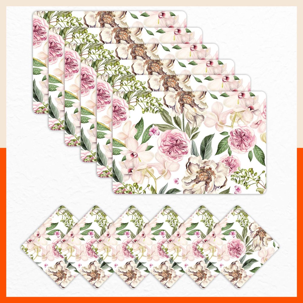Bathla Table Mats - Set of 6-45cm x 30cm PVC Table Placemats & Coasters for Home Dining Table | Multipurpose, Heat-Resistant, Waterproof & Washable | Matworks (Peony)