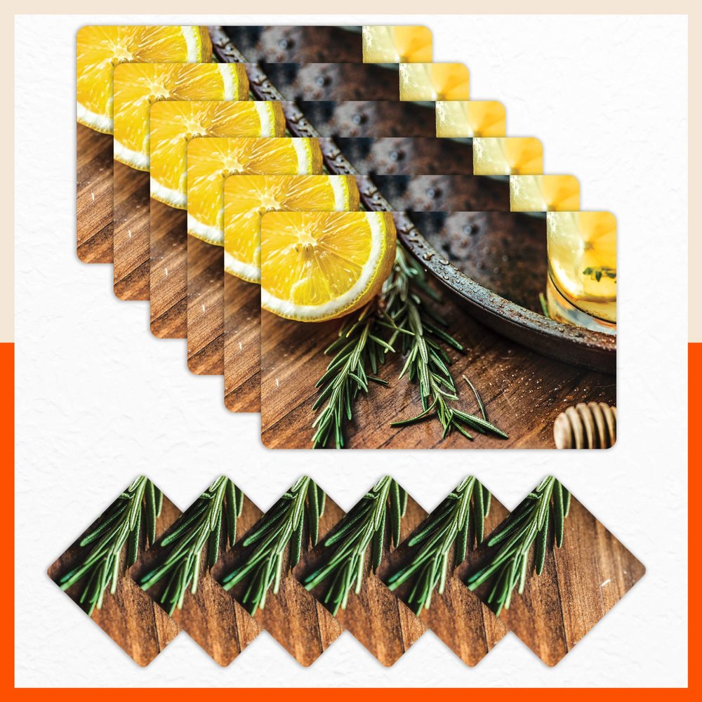 Bathla Table Mats - Set of 6-45cm x 30cm PVC Table Placemats & Coasters for Home Dining Table | Multipurpose, Heat-Resistant, Waterproof & Washable | Matworks (Citrus)